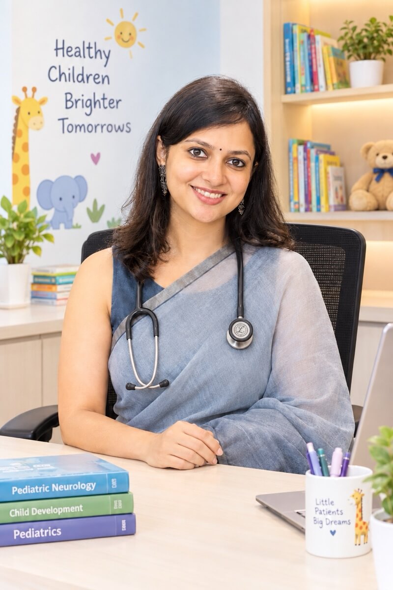 Dr. Akanksha Bansal at her desk in the consulting room at Magical Minds Pediatric Clinic